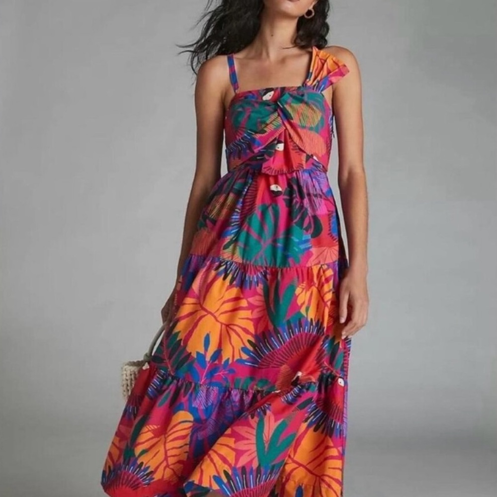 FARM Rio Vibrant Leaf Print Midi Dress